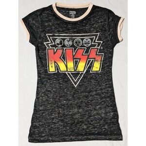 KISS Girls Medium 7/8 Black Marl Graphic Print Ringer T-Shirt EUC